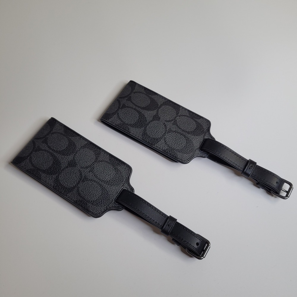 Coach Signature Canvas Luggage Tags Set of 2 Charcoal Black Leather Travel ID - Picture 6 of 9